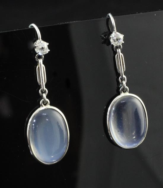 A pair of platinum, moonstone and diamond drop earrings, 1.75in.